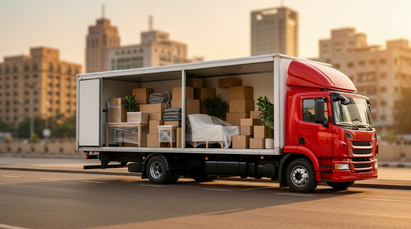 MGT Packers and Movers truck loaded with furniture and boxes for a house shift in Karachi